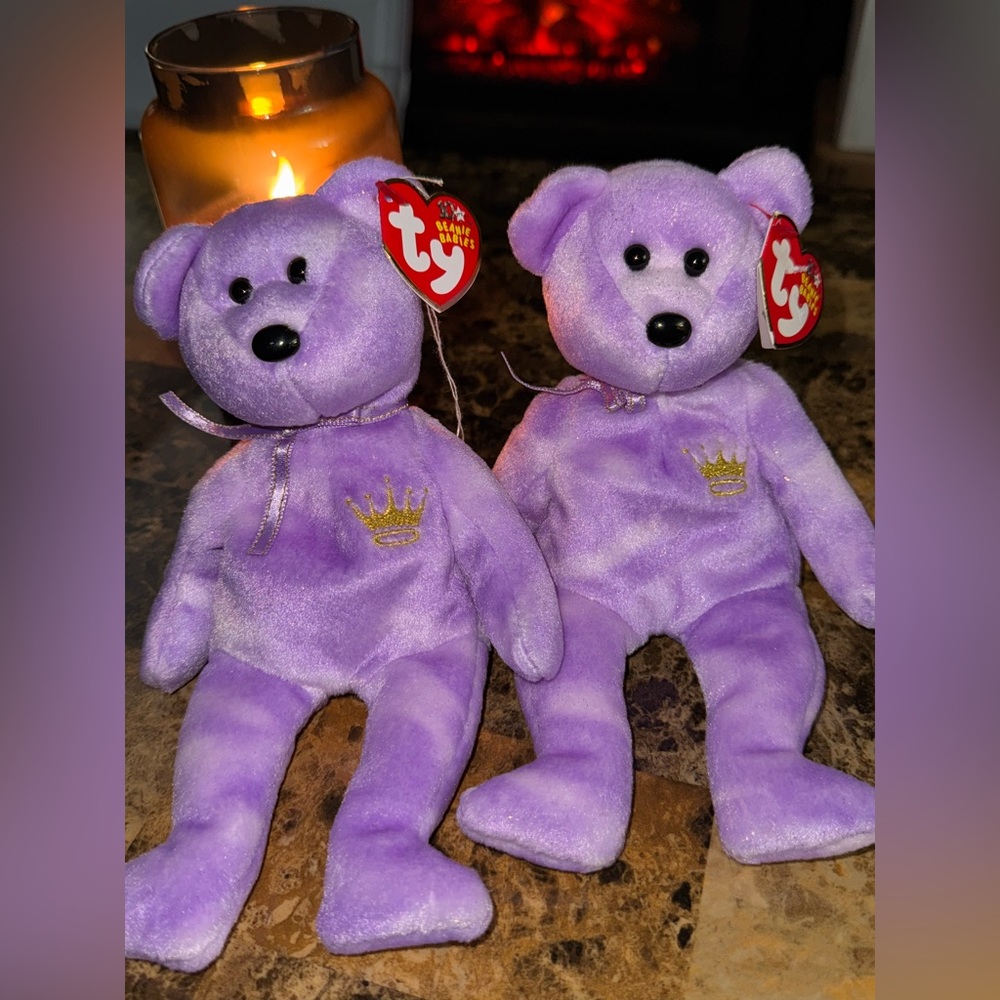 💜👑 TY Beanie Babies “Yours Truly” Bears Matching Lavender Pair 2002 Romance Set
